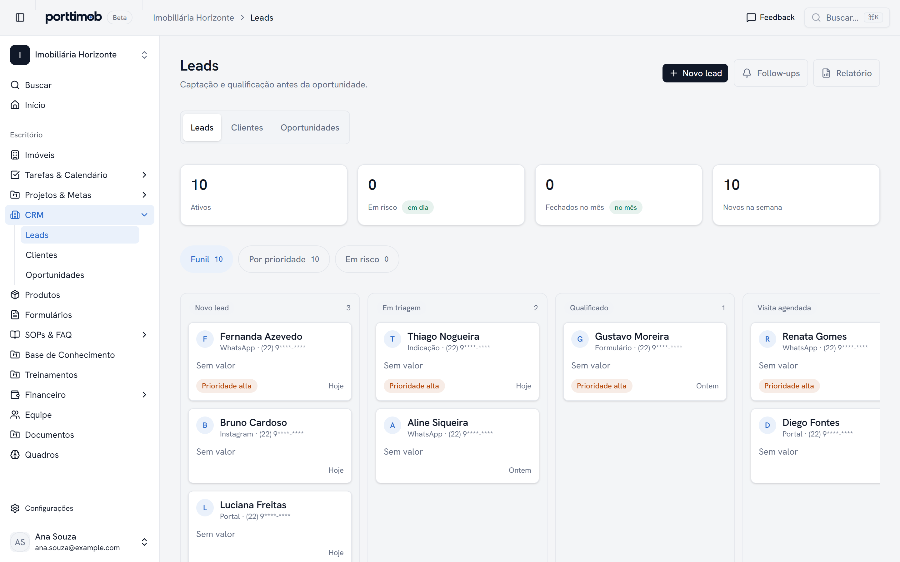 Interface real do Porttimob mostrando o funil Kanban e leads qualificados